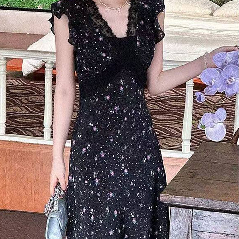 春夏法式斜裁掐腰方领蕾丝连衣裙