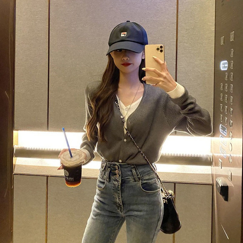 撞色假两件针织衫开衫女秋冬新款时尚薄款V领內搭上衣毛衣女外套