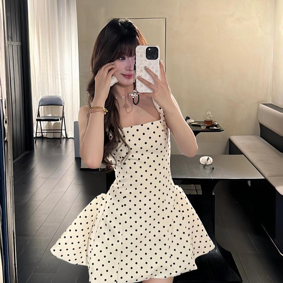 春夏白色波点吊带连衣裙女小个子