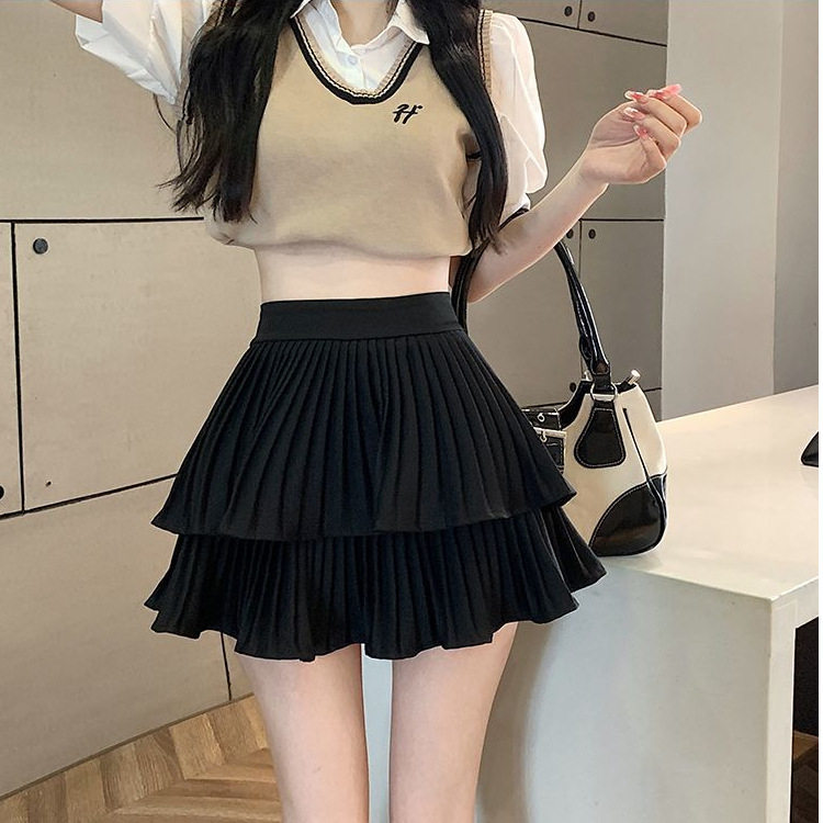 夏季新款蓬蓬裙女小个子高腰字蛋糕裙半身裙防走光百褶裙刺绣裙裤