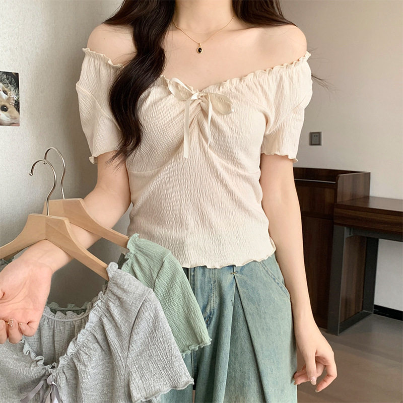 灰色V领纯棉露锁骨蝴蝶结T恤女