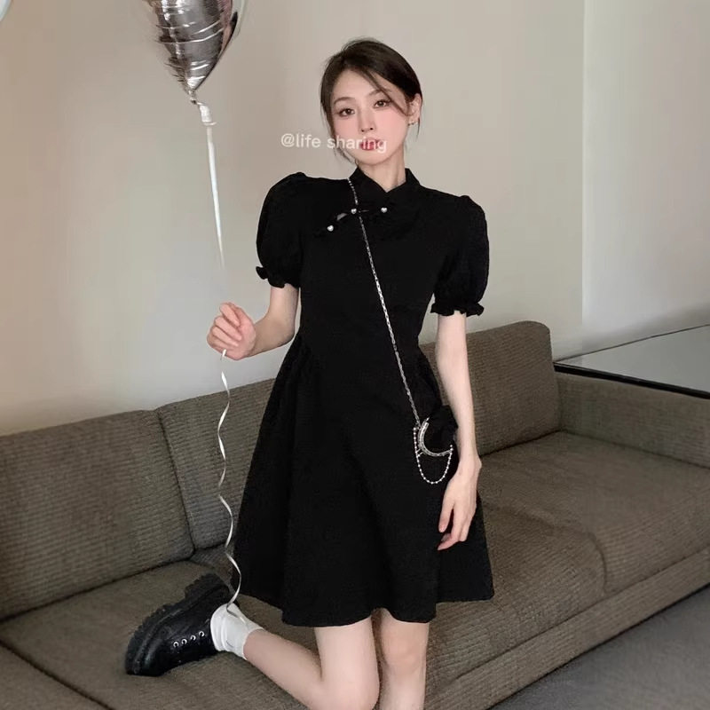 新中式改良短款旗袍裙高腰立领女