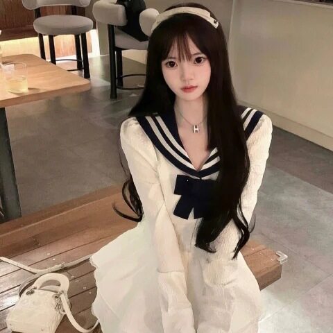 白色海军领日系甜美显瘦连衣裙女