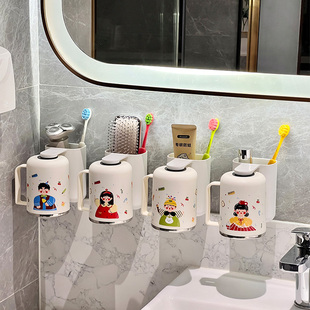 磁吸式 牙刷置物架304不锈钢漱口杯壁挂牙刷架刷牙杯一家三口四口
