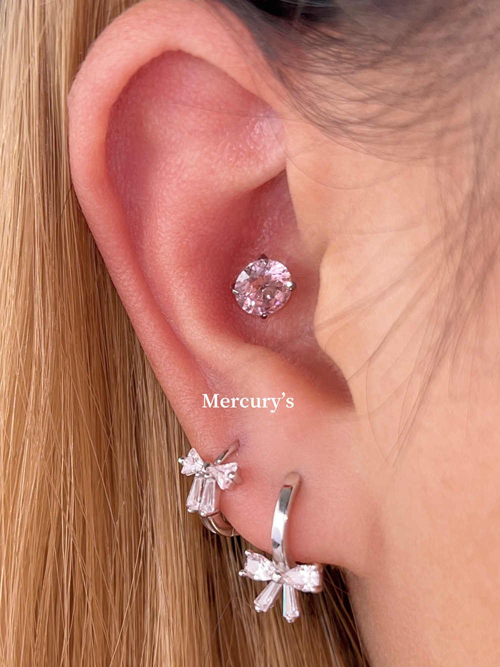 Mercurys香甜少女心~镶钻蝴蝶结耳扣甜妹mini灵动耳圈简约银耳环