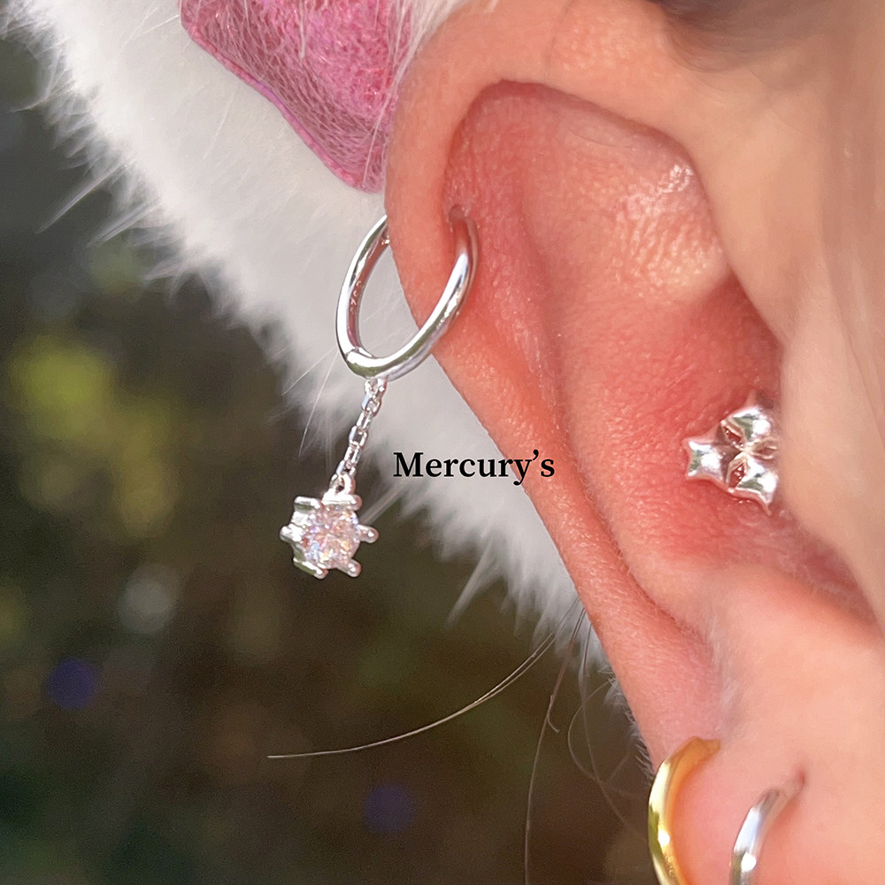 Mercurys单颗锆石镶嵌迷你小耳圈闪闪流苏吊坠耳扣纯银耳骨环耳钉