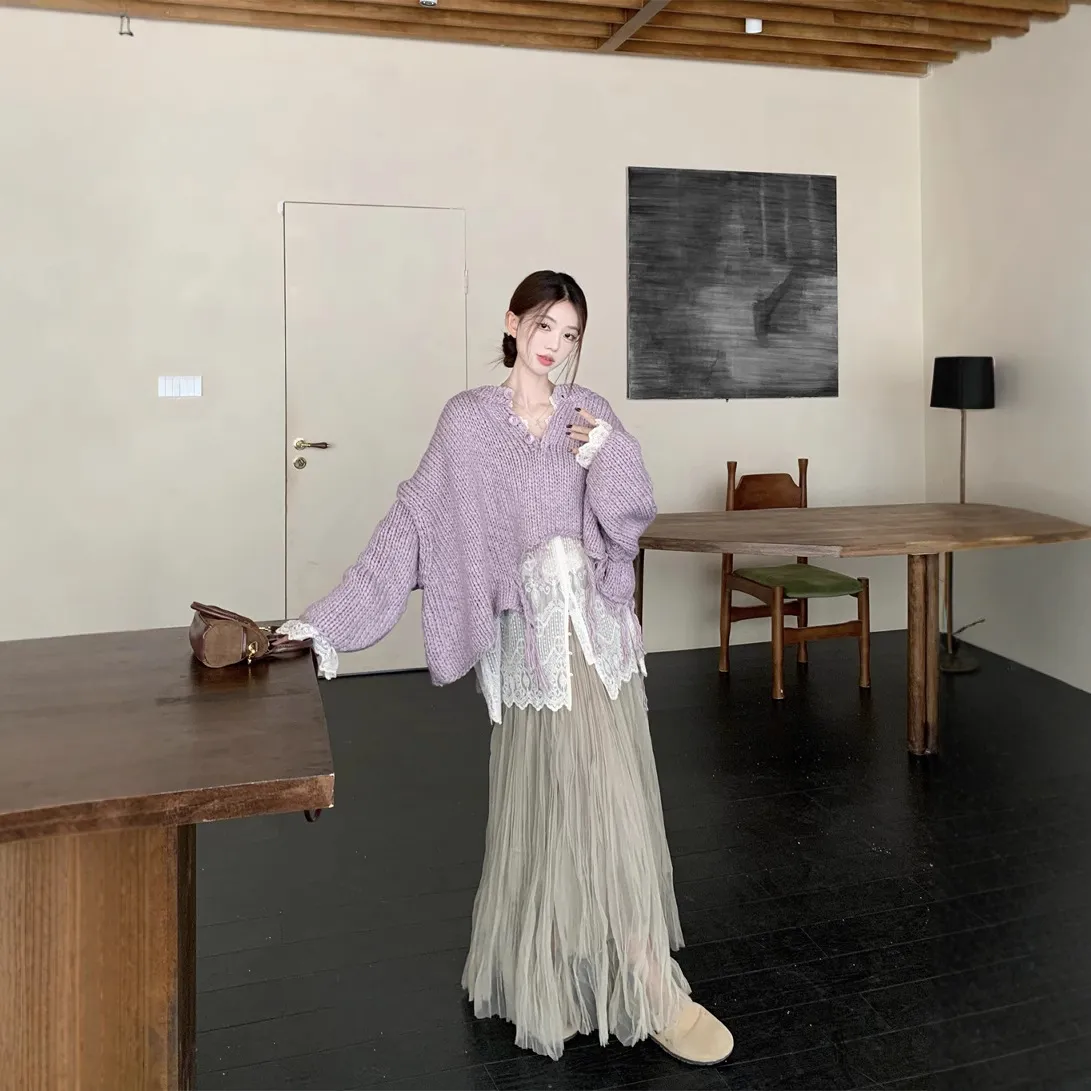 实拍~ 韩版秋冬慵懒超厚手工编织下摆不规则流苏毛衣+纱裙女装