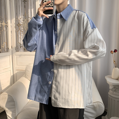 Contrast Stripe Panel Long Sleeve Shirt撞色条纹拼接长袖衬衫