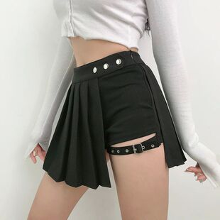 Sexy leg loop pleated black skirt辣妹性感腿环设计 黑色百褶裙