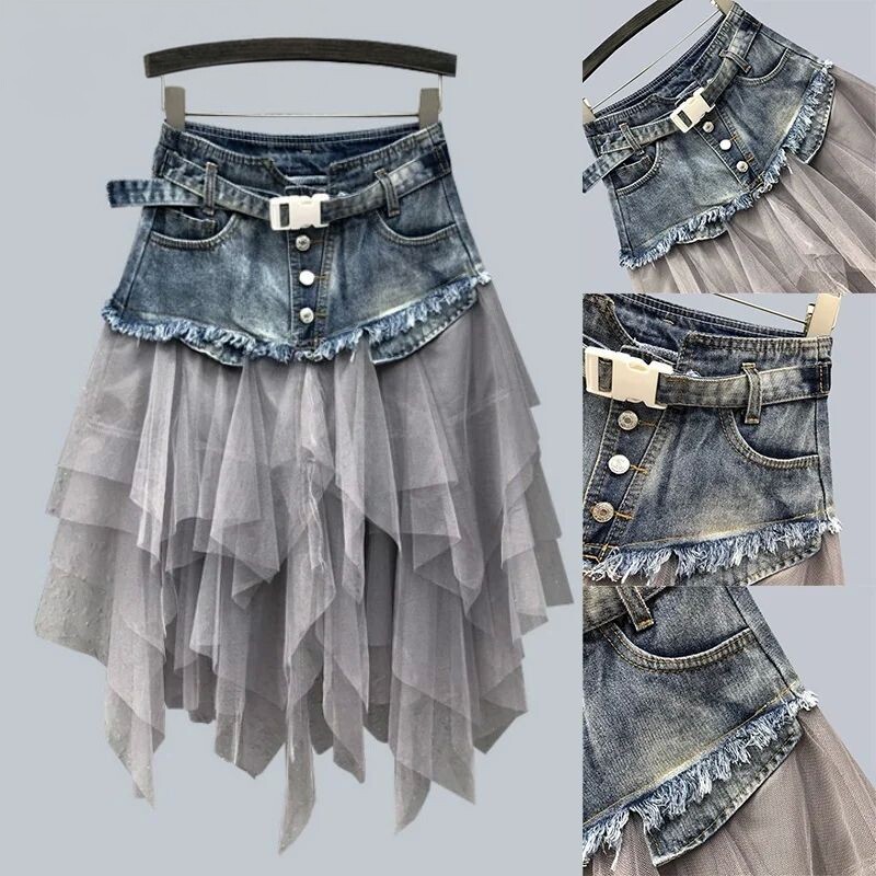 夏季网纱拼接高腰修身牛仔半身裙Casual High Waist Denim Skirt - 实物图