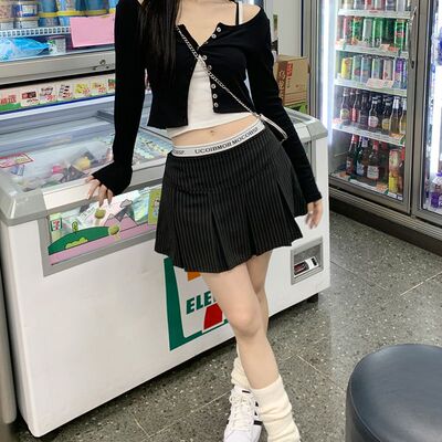 女士夏季竖条纹高腰百褶半身短裙