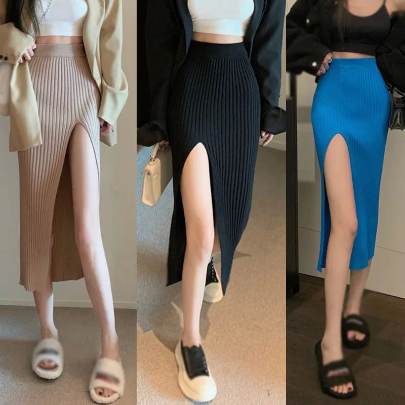 高腰针织开叉包臀半身裙
