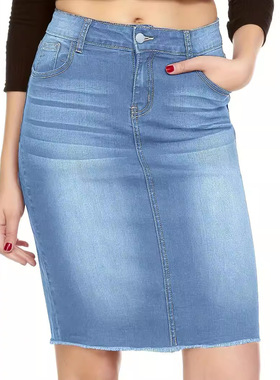 Light blue fringed denim body-hugging skirt浅蓝色 牛仔包臀裙