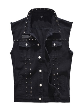 Punk-inspired studs black denim vest 朋克风铆钉 黑色牛仔马甲
