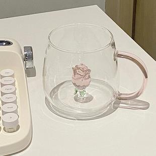 玫瑰花杯子高级感轻奢透明玻璃水杯女生网红创意高颜值家用耐高温