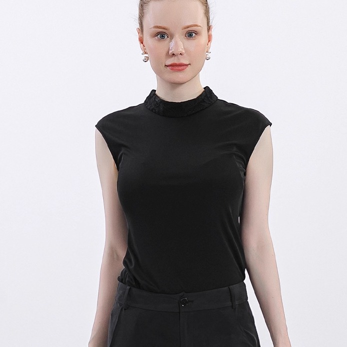 100%桑蚕丝蕾丝无袖针织黑打底衫