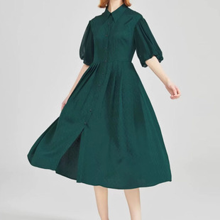 暗纹提花桑蚕丝polo领灯笼五分袖收腰单排扣真丝衬衫连衣裙