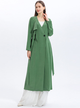 30姆米重磅真丝V领单排扣绿色做旧工艺面料柔顺裙摆桑蚕丝外套