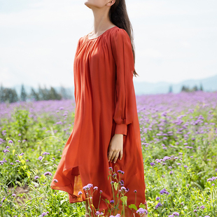 宽松大码 番茄红双层乔其纯桑蚕丝圆领灯笼长袖 甜美真丝连衣裙
