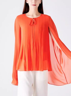 桑蚕丝乔其纱柚橙色圆领系带披风百搭宽松简约直筒双层真丝T恤