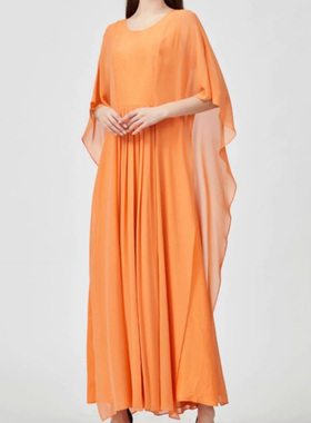 真丝提花橙色圆领大摆撞料拼接褶皱七分袖长款桑蚕丝连衣裙