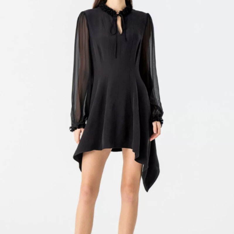 30姆米重磅桑蚕丝黑色立领长袖木耳边弧形下摆原创真丝连衣裙