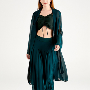 桑蚕丝乔其纱暗绿色V领长袖活页三粒扣绑带真丝外套风衣