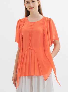 提花冠乐绉桑蚕丝橙色圆领对丝工艺褶皱双层荷叶短袖真丝T恤