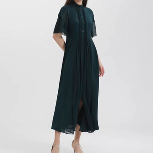 提花桑蚕丝孔雀绿半高领黄线拱针单排扣立体褶皱真丝连衣裙