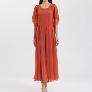 乔其纱桑蚕丝锈红色双层圆领对丝工艺尖角泡泡短袖真丝连衣裙