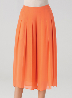 桑蚕丝乔其纱柚橙色松紧腰口袋褶皱宽松百搭双层真丝七分裤女