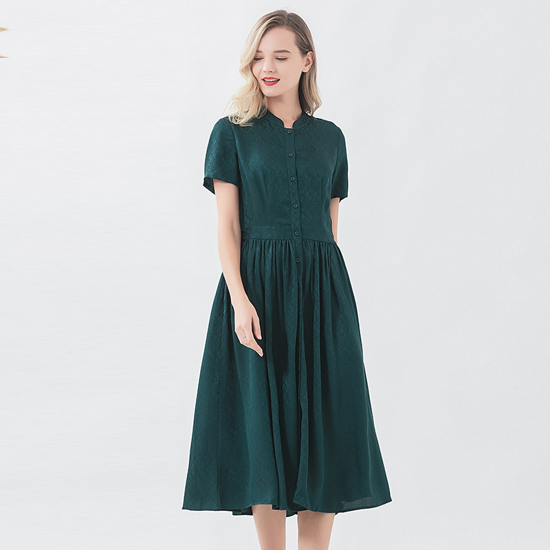 100%桑蚕丝真丝提花立领连衣裙