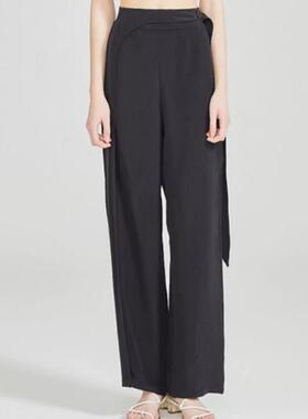 30姆米做旧重磅厚桑蚕丝后松紧腰侧口袋极简款黑色直筒长裤