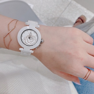 进口韩国陶瓷白陶瓷浮雕山茶花进口石英防水女表时尚 潮流休闲女表