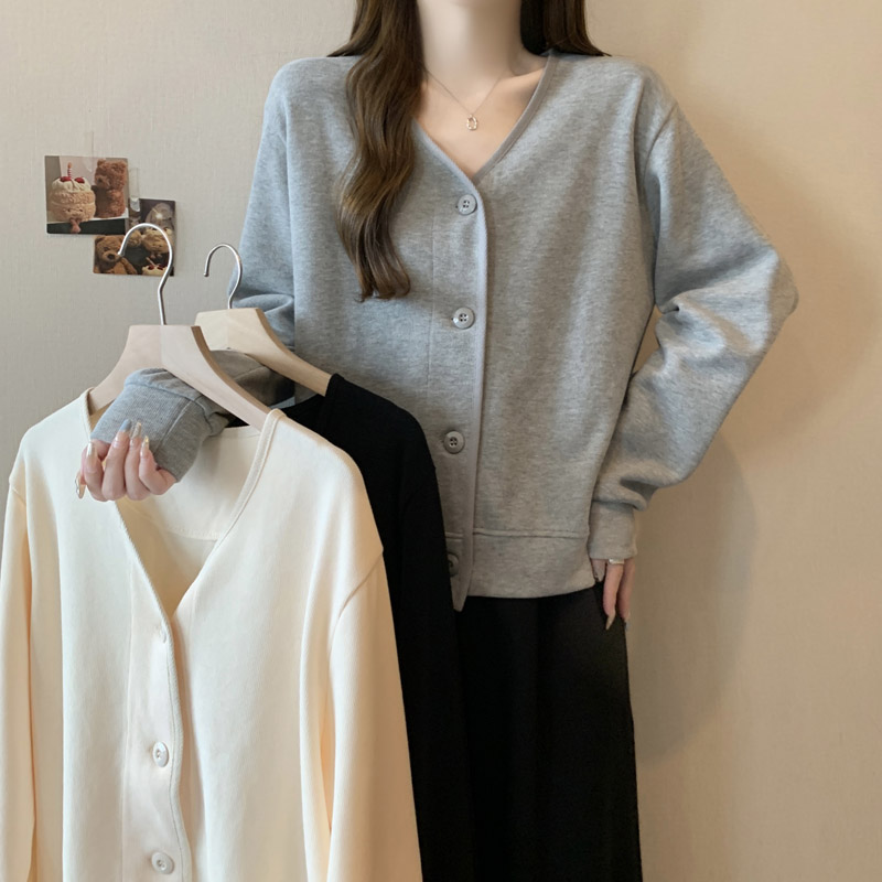 2026秋冬新款V领小个子长袖卫衣女宽松休闲纯色百搭短款开衫上衣