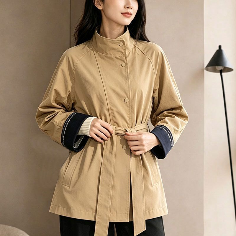 2026春季款韩版宽松显瘦百搭休闲立领中长款系带风衣外套女上衣女