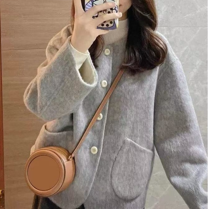 圆领减龄小香风毛呢外套女2026春秋新款韩版宽松百搭长袖呢子大衣
