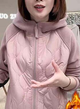 2025秋冬新款女士百搭显瘦保暖防风奥粒绒卫衣撞色连帽加厚外套潮