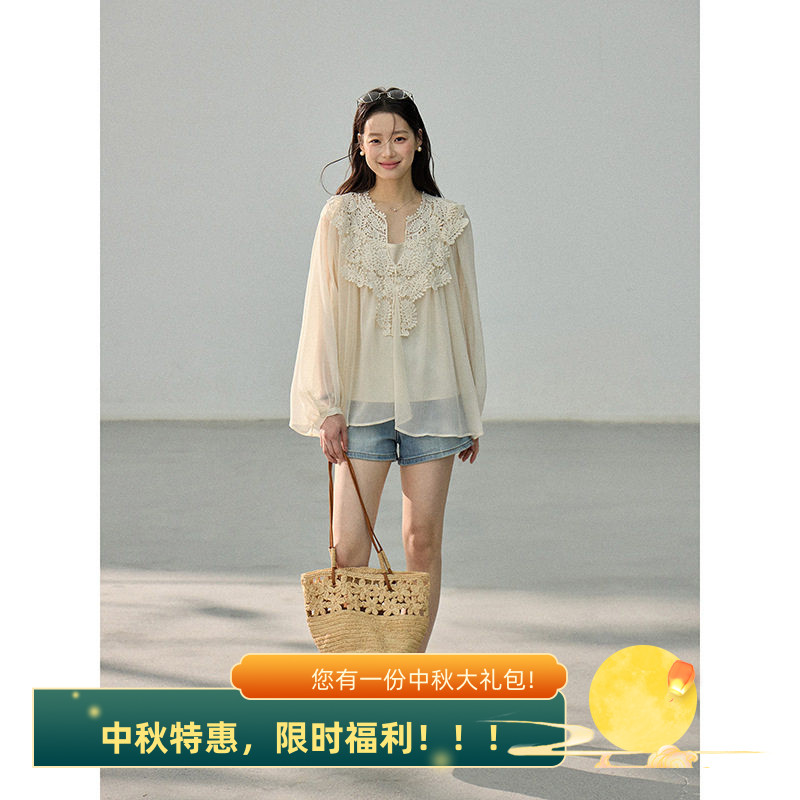 2026秋季温柔复古立体钩花蕾丝雪纺衫+纯色内搭吊带女夏两件套装