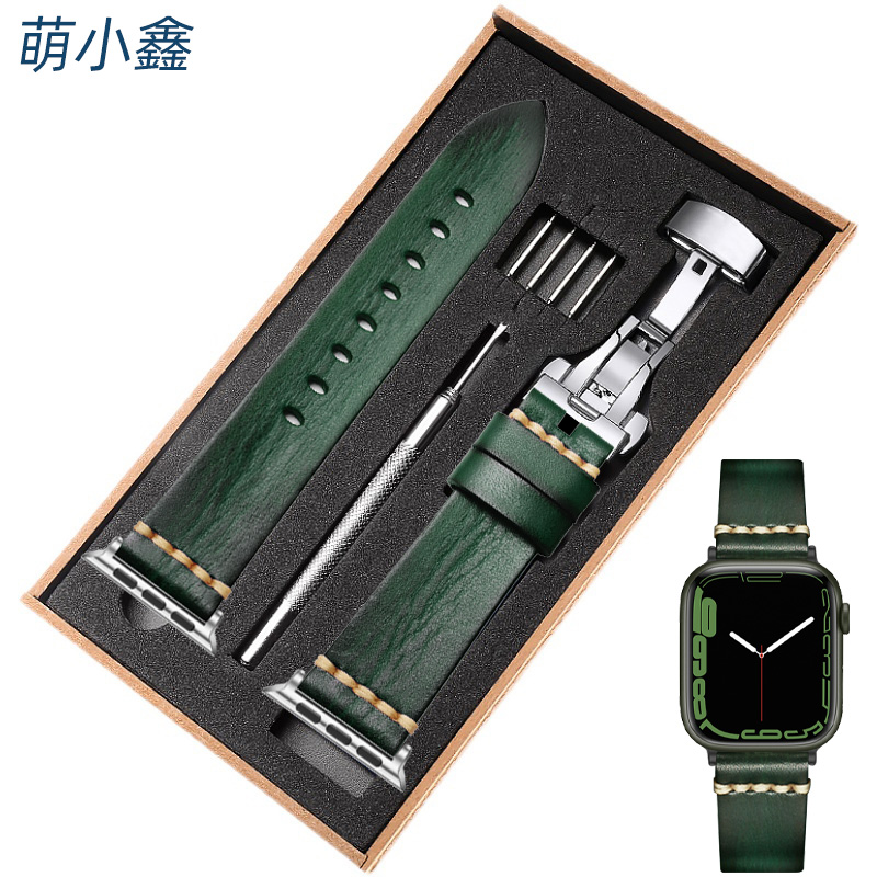 手工复古真皮表带男女士适用applewatch S10表带iwatch10/9/8/7/6SE代苹果手表运动表带44/46/45mm绿色ultra