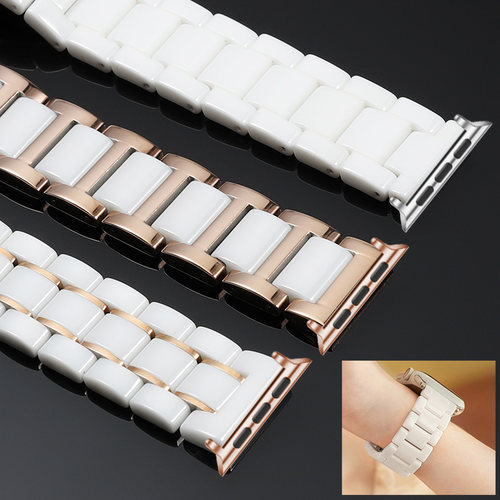 适用applewatchs10表带女苹果手表表带iwatchs10/9/8/se/Ultra金属42/46mm白色陶瓷链式新款男夏天女高级细款