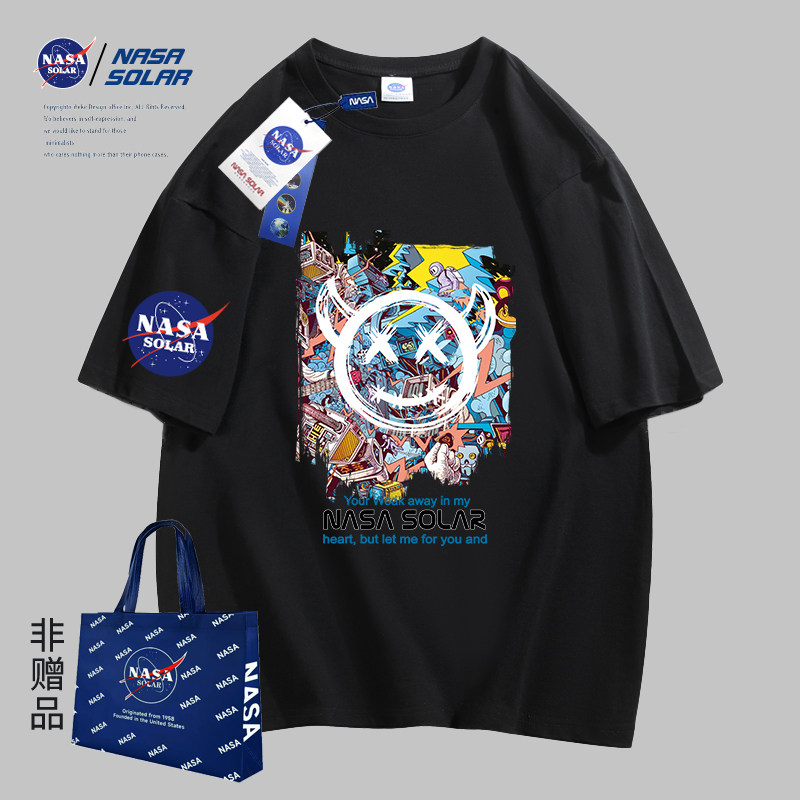 NASA SOLAR联名2023新款夏季卡通粉色小熊情侣纯棉短袖男女同款