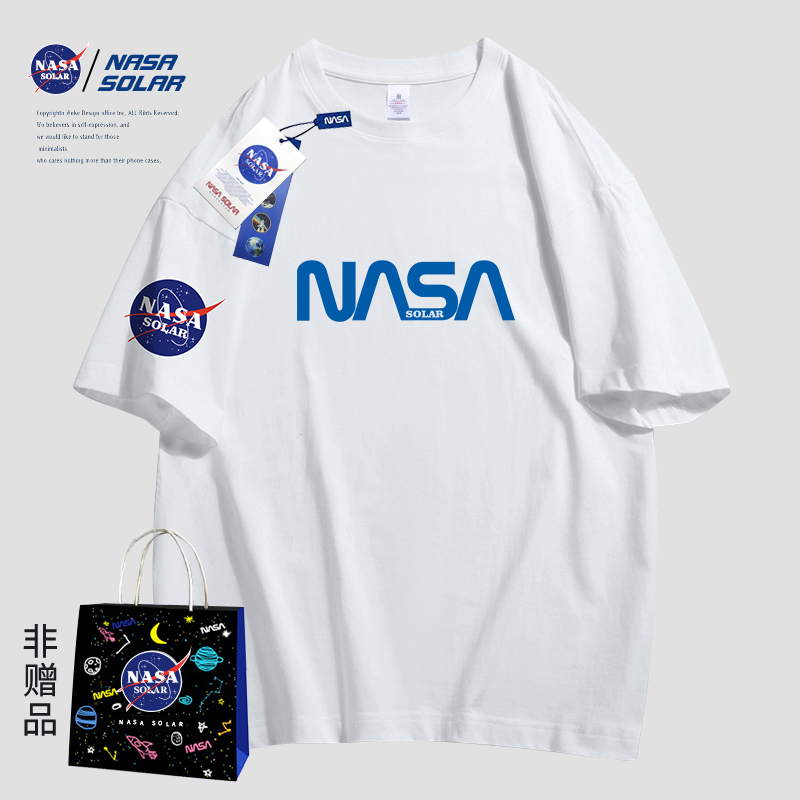 NASA SOLAR联名款2022夏季情侣纯棉潮牌圆领短袖T恤男女上衣宽松