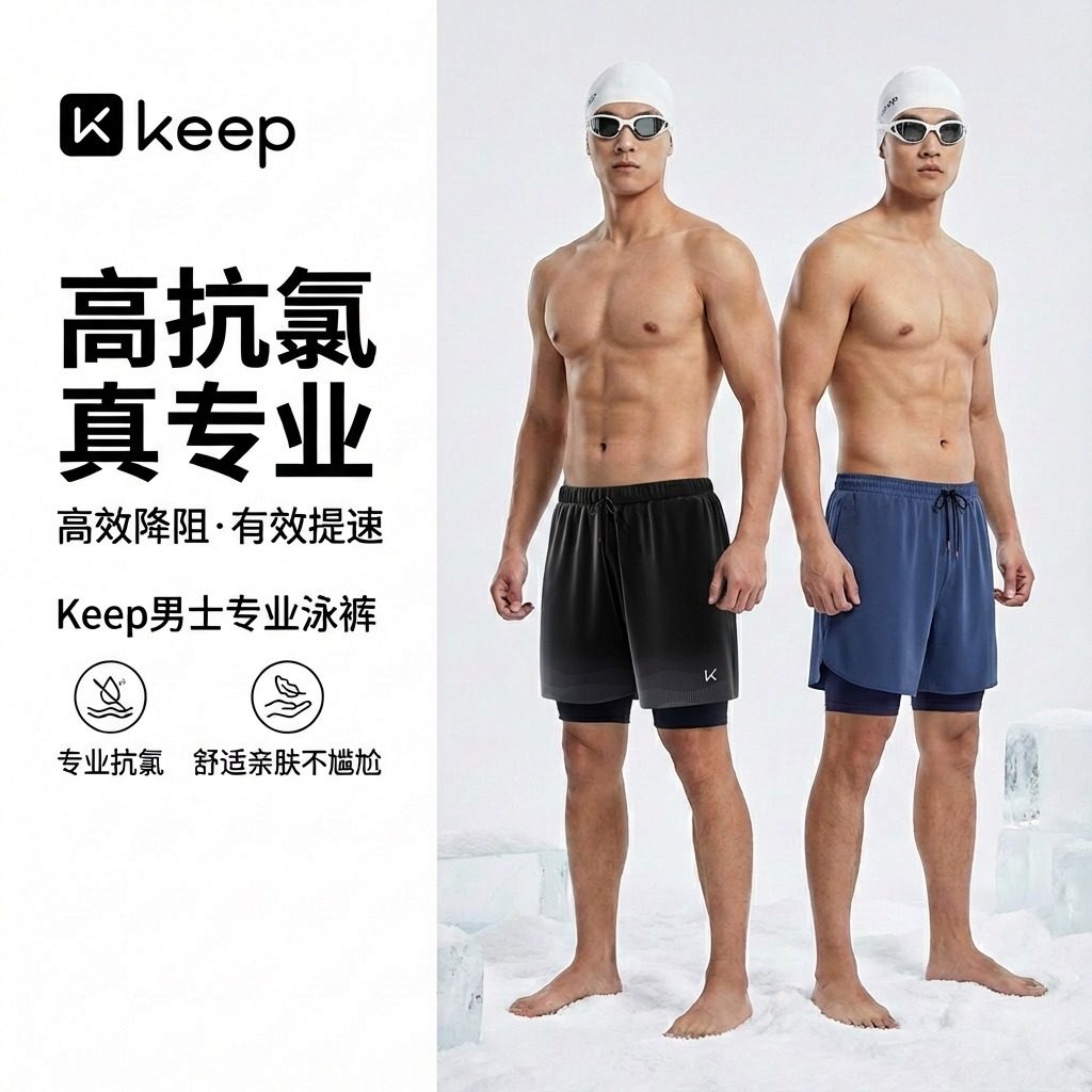 Keep泳裤男士新款双层防尴尬成人大码专业游泳裤泳镜泳帽温泉套装