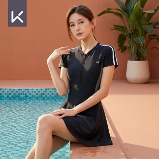Keep连体裙式泳衣女度假海滩防晒速干修身显瘦防走光保守游泳裙子