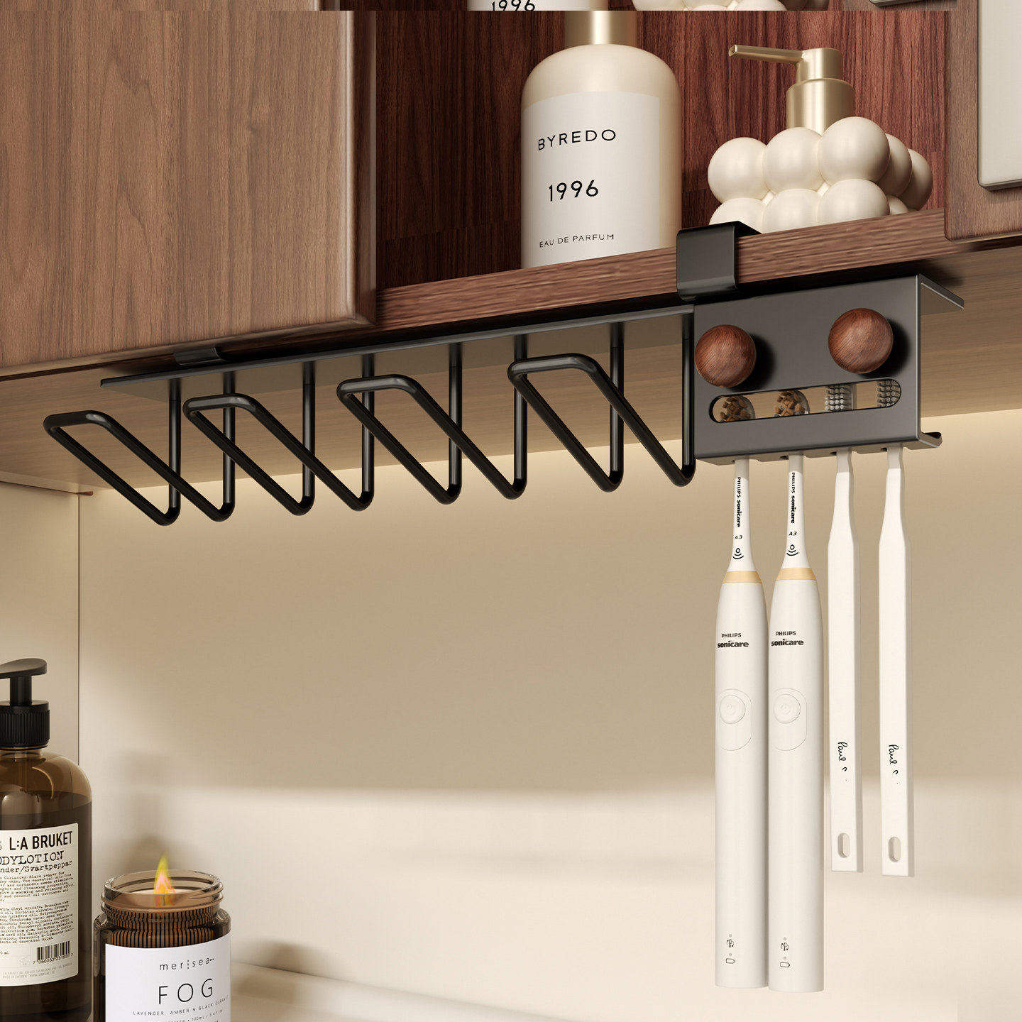 免打孔卫生间镜柜下悬挂式漱口杯架中古风电动牙刷架浴室收纳挂架