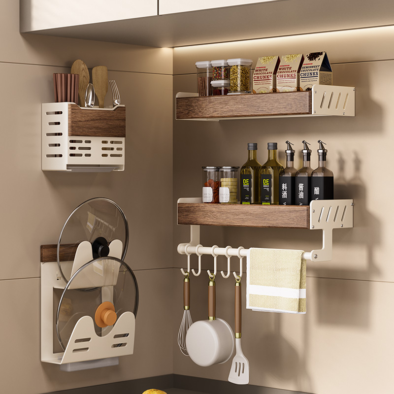 厨房置物架免打孔多层实木调料放置架菜板刀筷铲勺油壶壁挂收纳架