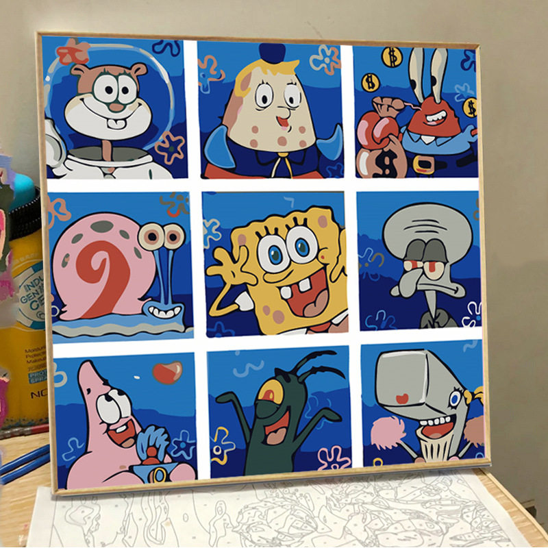 海绵宝宝diy数字油画九宫格填充手工填色动漫卡通手绘丙烯油彩画