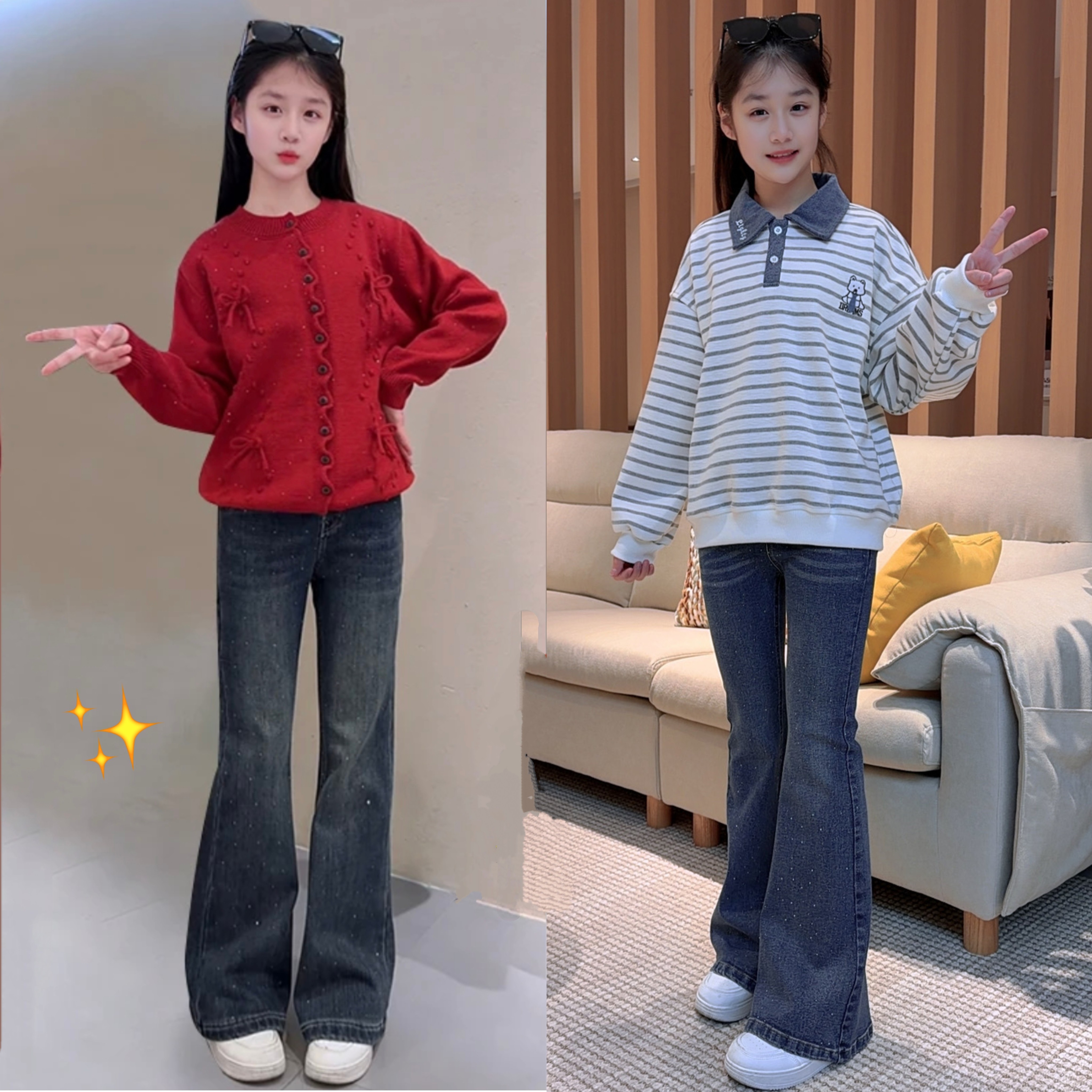 女大童烫钻牛仔裤2026新款高腰弹力喇叭裤秋冬儿童中大童修身裤子