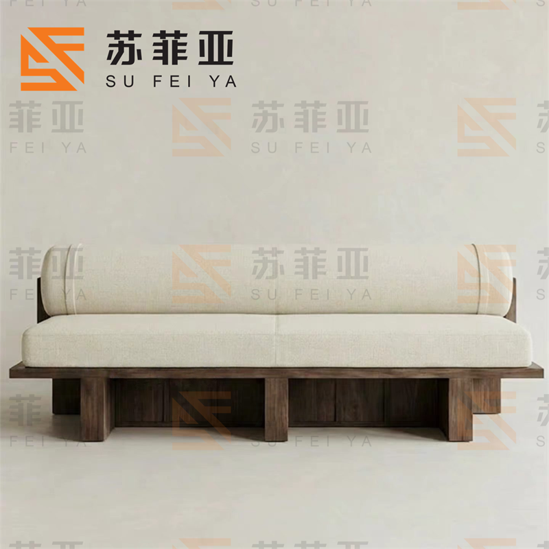 侘寂风实木双面卡座设计师款酒店咖啡厅休闲会所接待布艺沙发组合